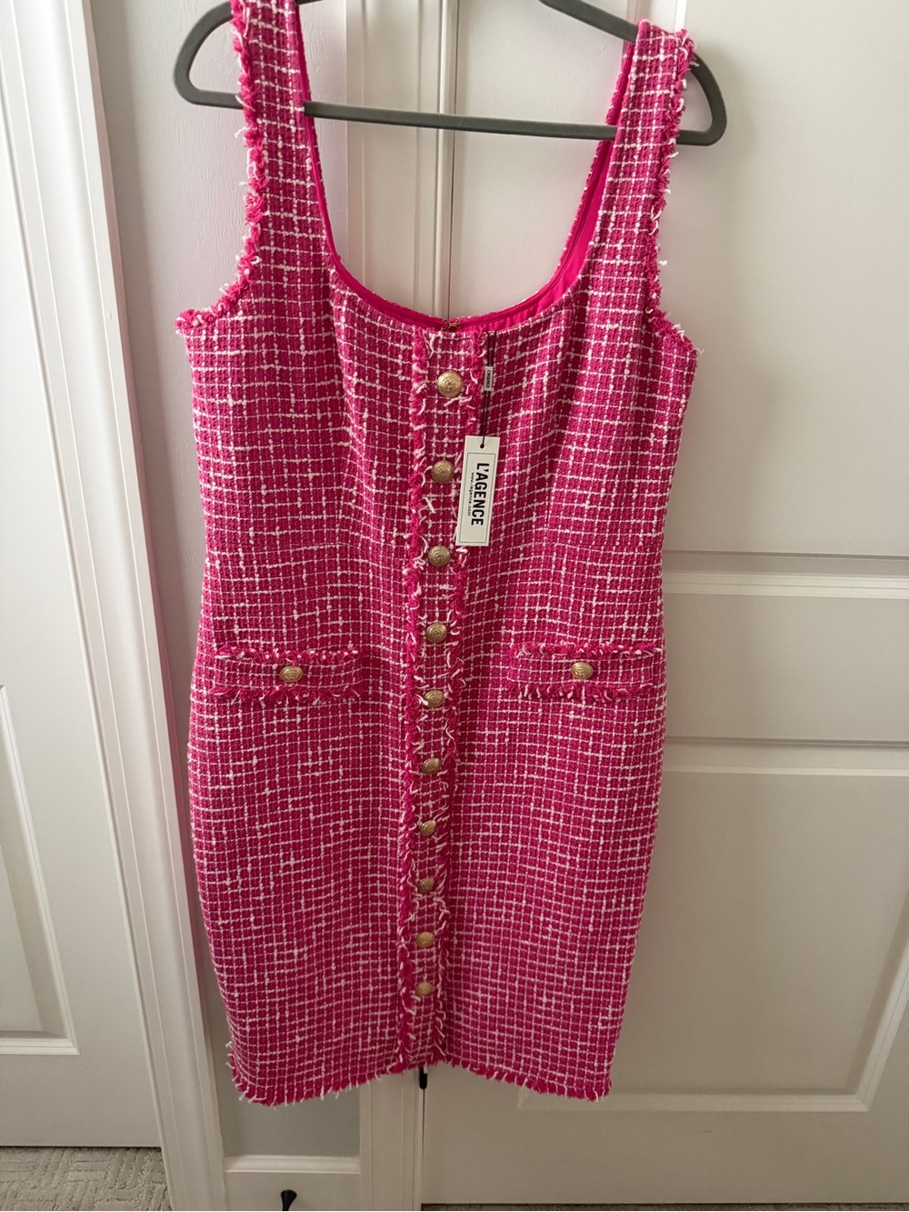 L'AGENCE Hot Pink Tweed Button-Front Midi Dress